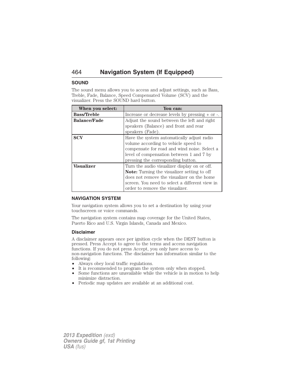 Sound, Navigation system, Disclaimer | Navigation features, 464 navigation system (if equipped) | FORD 2013 Expedition v.1 User Manual | Page 464 / 497