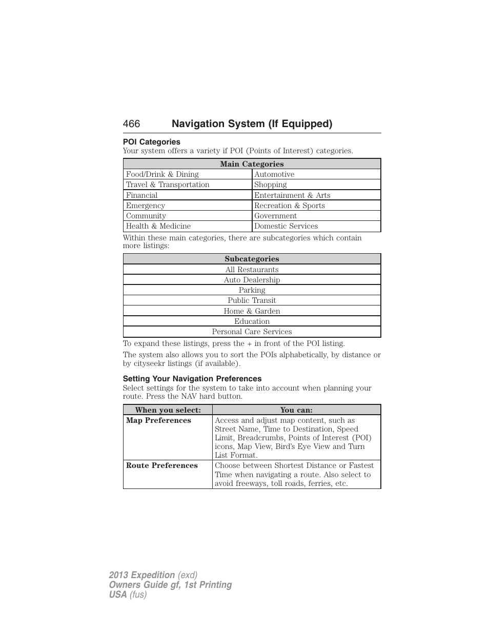 Poi categories, Setting your navigation preferences, 466 navigation system (if equipped) | FORD 2013 Expedition v.1 User Manual | Page 466 / 497