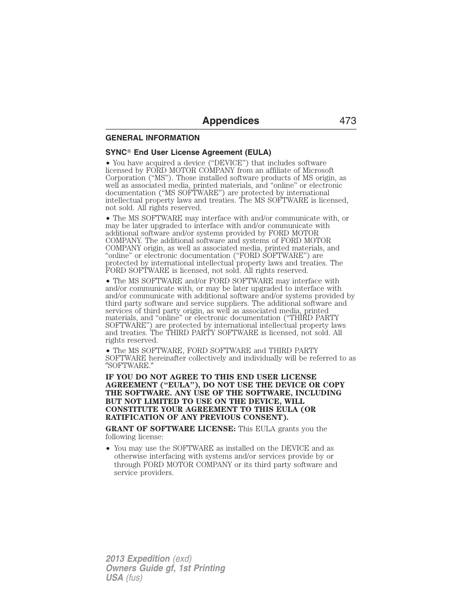 Appendices, General information, Sync? end user license agreement (eula) | Appendices 473 | FORD 2013 Expedition v.1 User Manual | Page 473 / 497