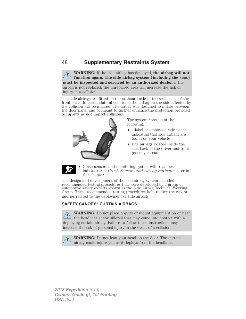 Safety canopy? curtain airbags, Safety canopy curtain airbags, 48 supplementary restraints system | FORD 2013 Expedition v.1 User Manual | Page 48 / 497