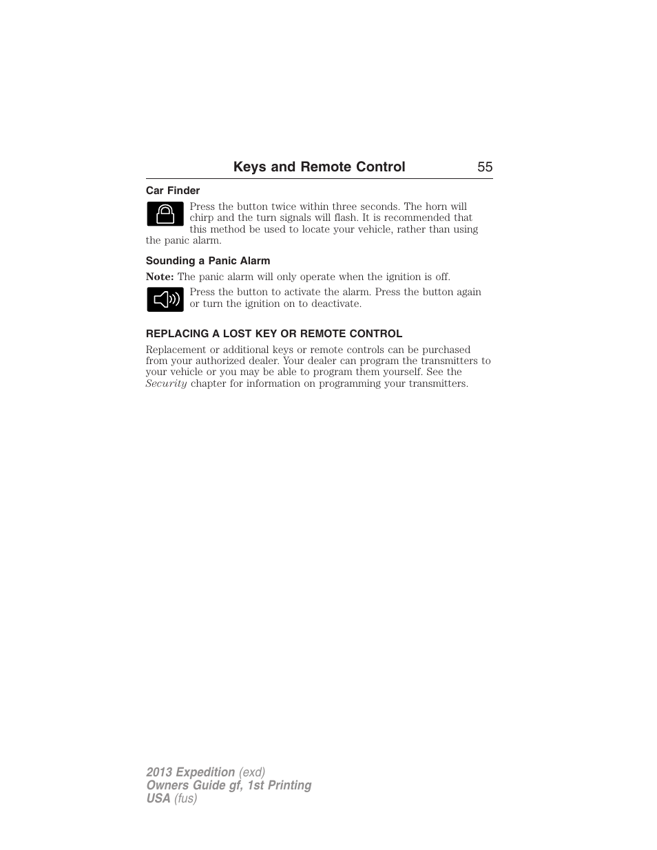 Car finder, Sounding a panic alarm, Replacing a lost key or remote control | Keys and remote control 55 | FORD 2013 Expedition v.1 User Manual | Page 55 / 497