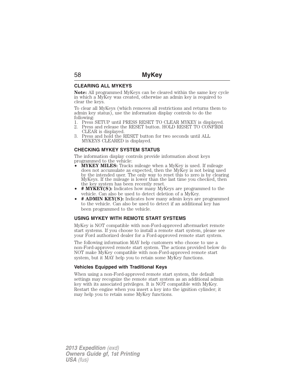 Clearing all mykeys, Checking mykey system status, Using mykey with remote start systems | Vehicles equipped with traditional keys, Clearing, System status, Remote start, mykey, 58 mykey | FORD 2013 Expedition v.1 User Manual | Page 58 / 497