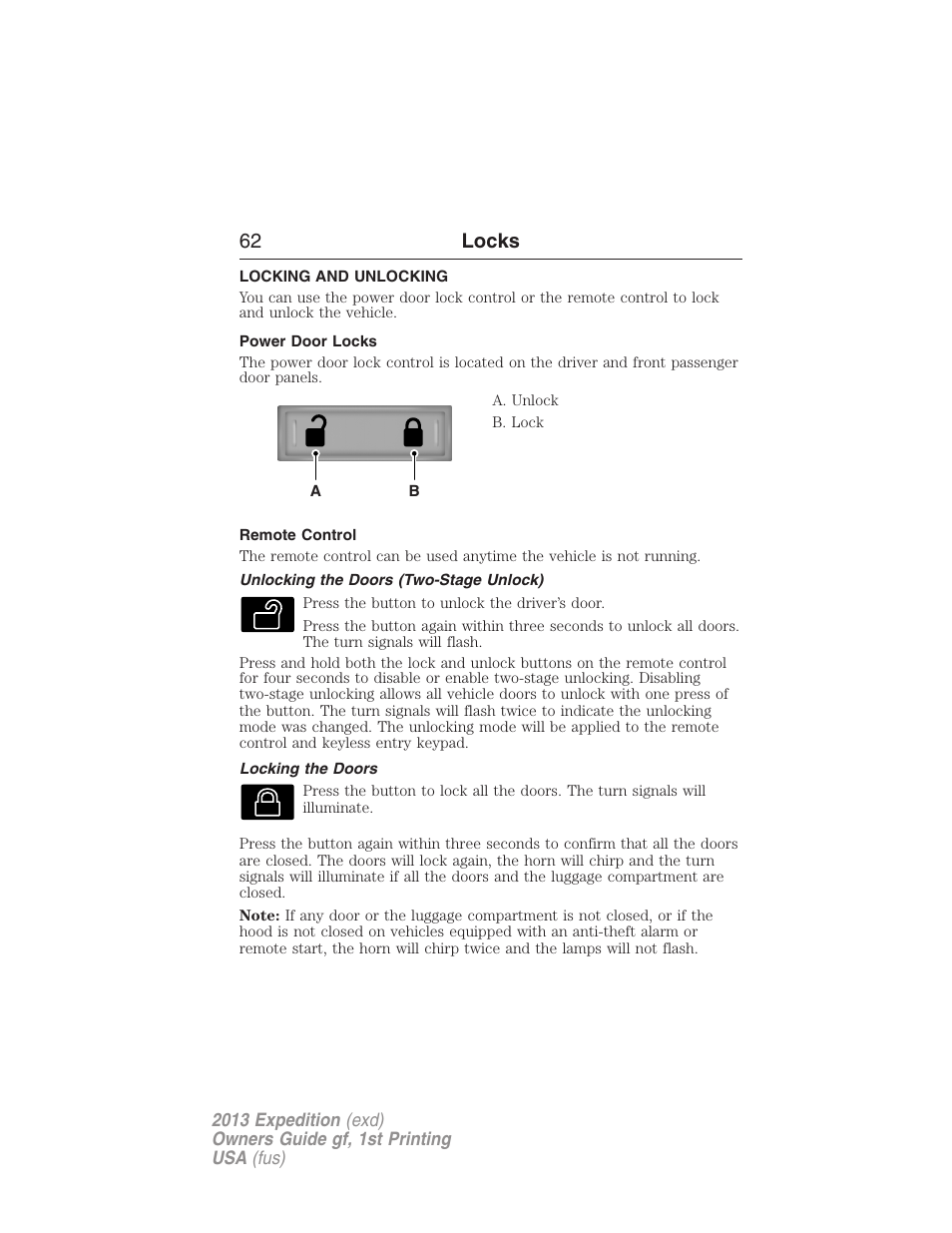 Locks, Locking and unlocking, Power door locks | Remote control, Unlocking the doors (two-stage unlock), Locking the doors, 62 locks | FORD 2013 Expedition v.1 User Manual | Page 62 / 497