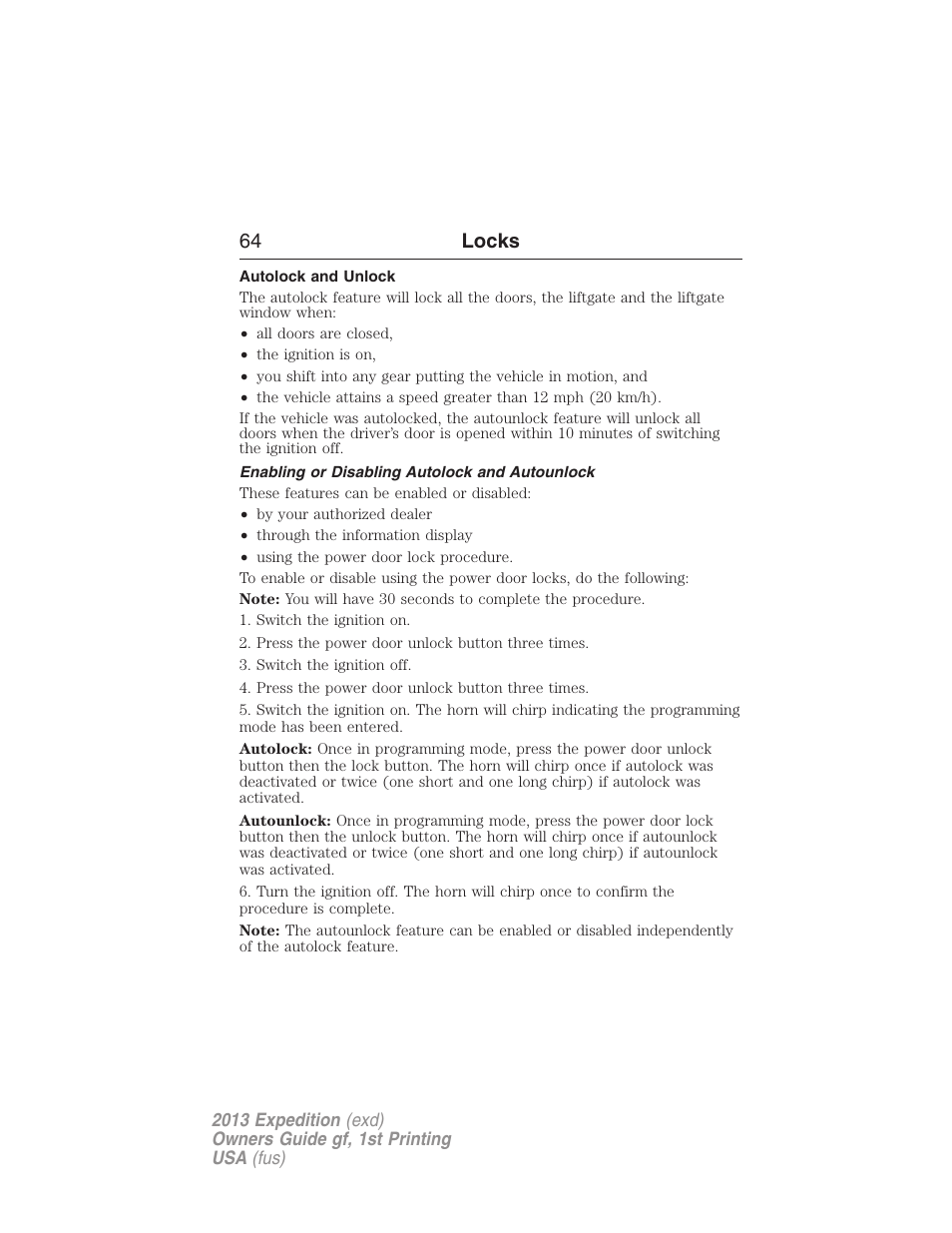 Autolock and unlock, Enabling or disabling autolock and autounlock, 64 locks | FORD 2013 Expedition v.1 User Manual | Page 64 / 497