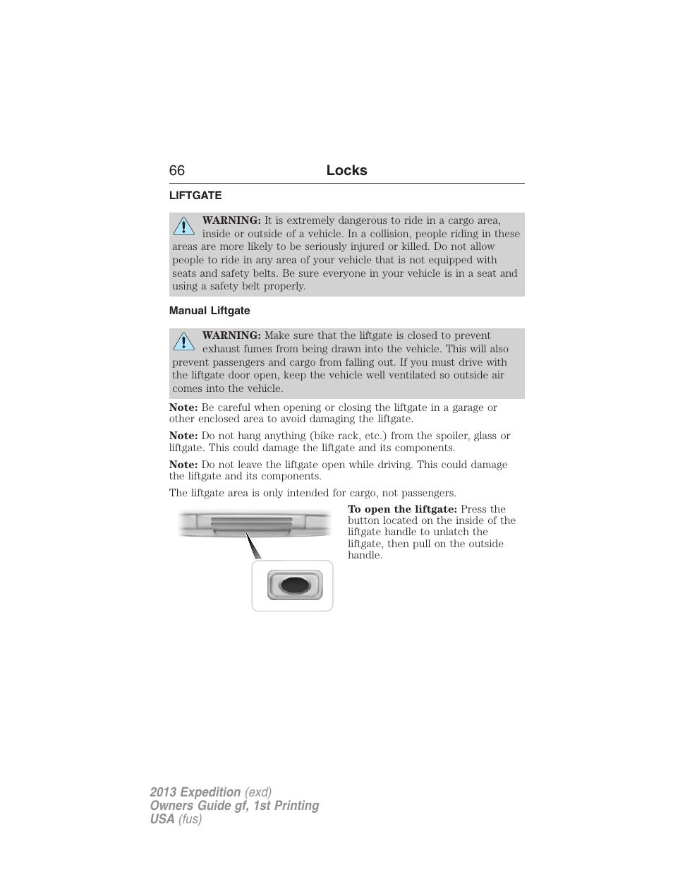 Liftgate, Manual liftgate, 66 locks | FORD 2013 Expedition v.1 User Manual | Page 66 / 497