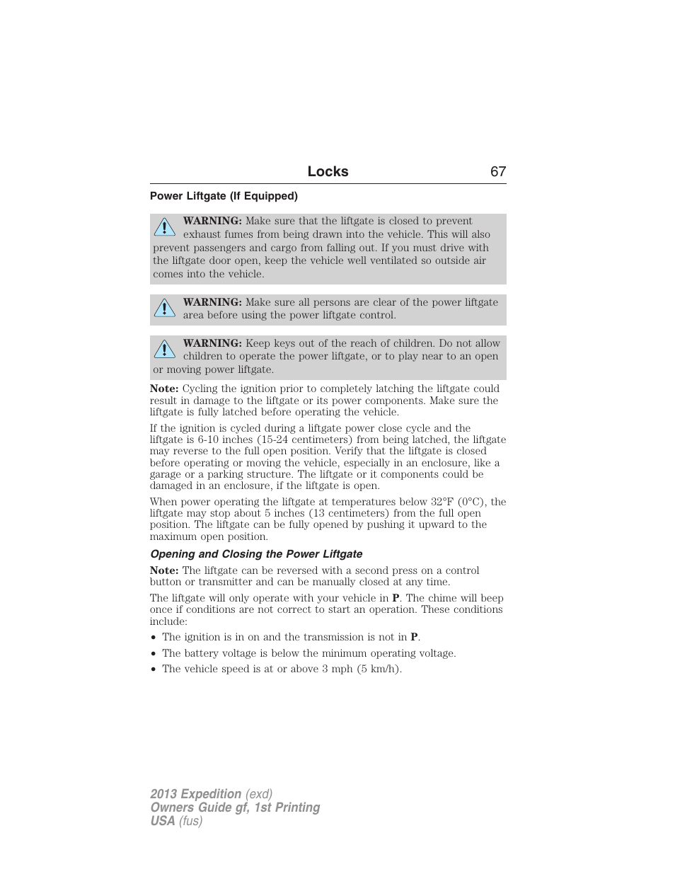 Power liftgate (if equipped), Opening and closing the power liftgate, Locks 67 | FORD 2013 Expedition v.1 User Manual | Page 67 / 497