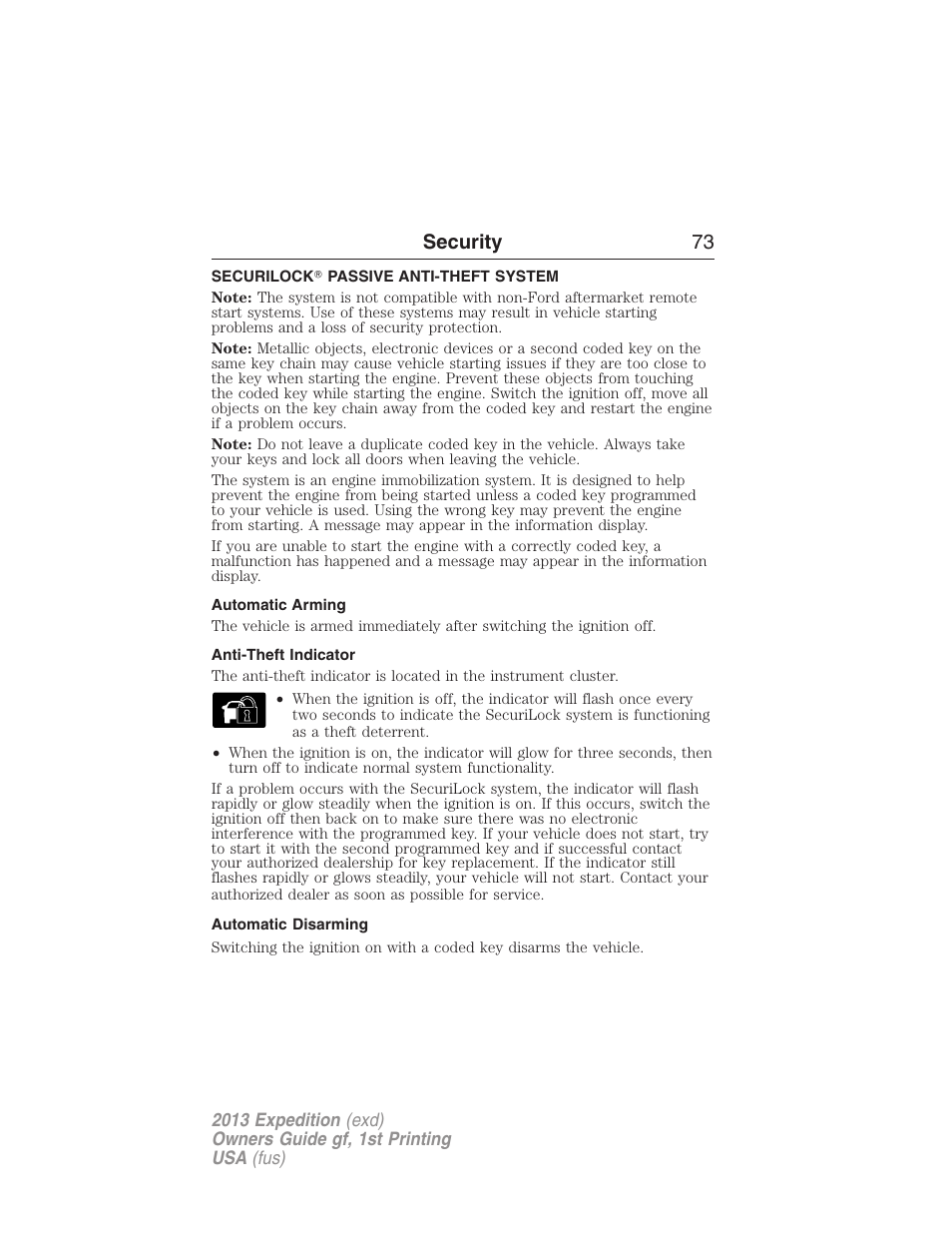 Security, Securilock? passive anti-theft system, Automatic arming | Anti-theft indicator, Automatic disarming, Securilock, Passive anti-theft system, Security 73 | FORD 2013 Expedition v.1 User Manual | Page 73 / 497