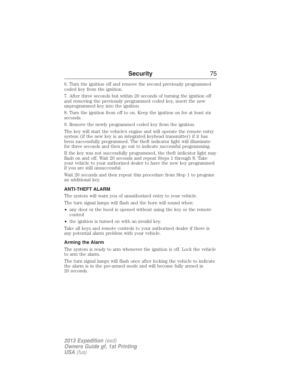 Anti-theft alarm, Arming the alarm, Security 75 | FORD 2013 Expedition v.1 User Manual | Page 75 / 497