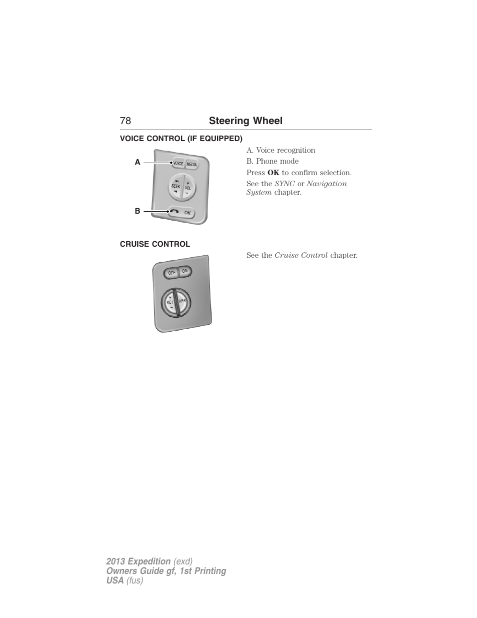 Voice control (if equipped), Cruise control, 78 steering wheel | FORD 2013 Expedition v.1 User Manual | Page 78 / 497