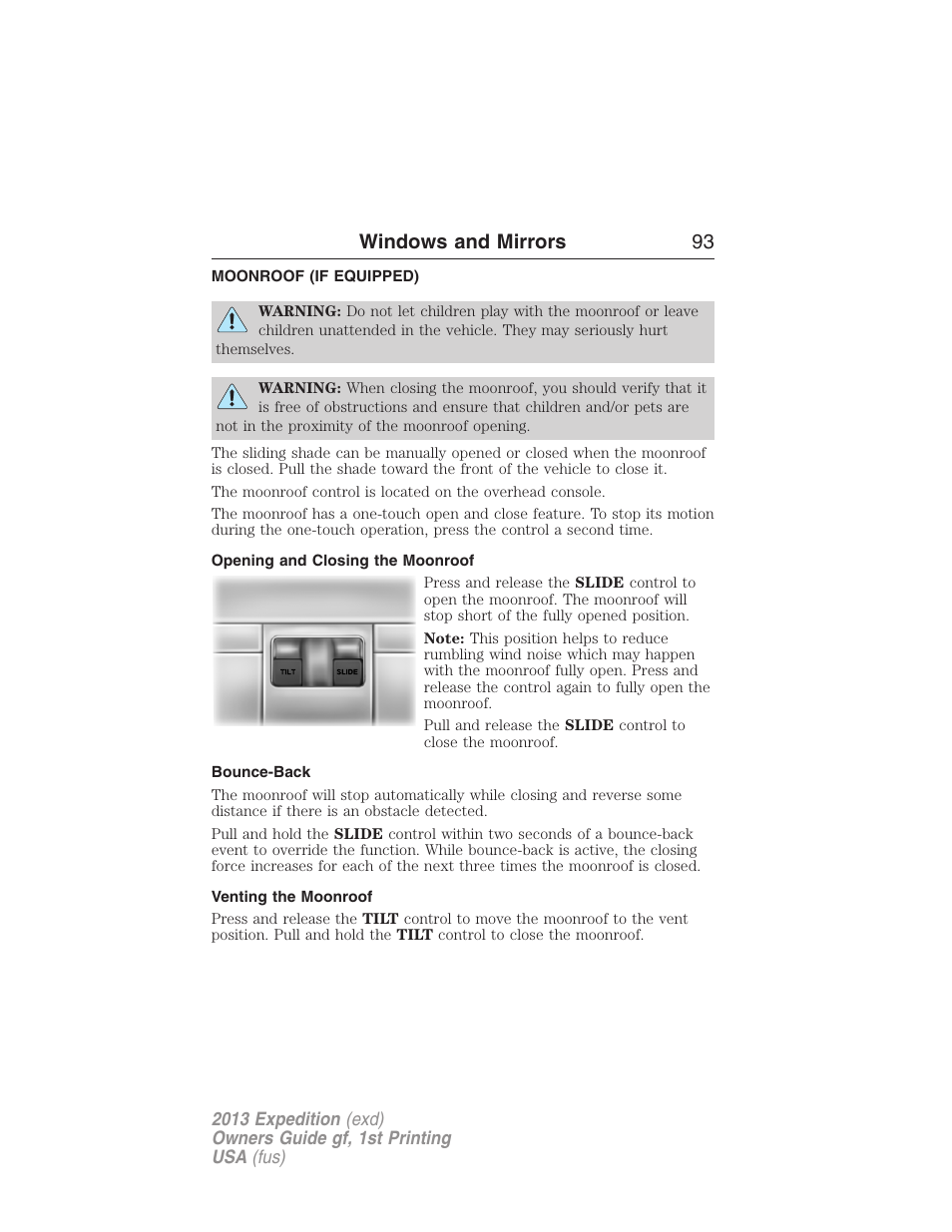 Moonroof (if equipped), Opening and closing the moonroof, Bounce-back | Venting the moonroof, Moonroof, Windows and mirrors 93 | FORD 2013 Expedition v.1 User Manual | Page 93 / 497