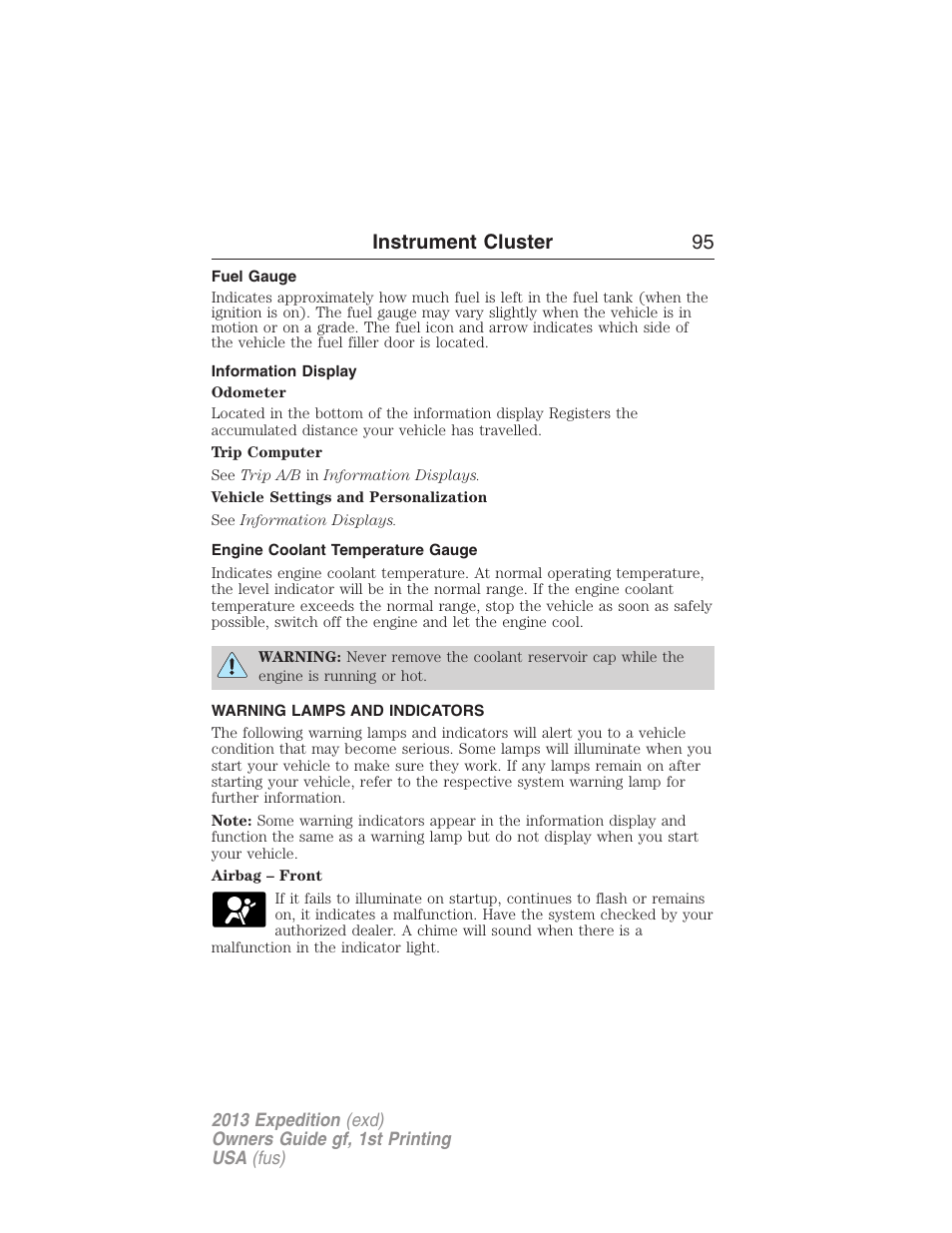 Fuel gauge, Information display, Engine coolant temperature gauge | Warning lamps and indicators, Instrument cluster 95 | FORD 2013 Expedition v.1 User Manual | Page 95 / 497