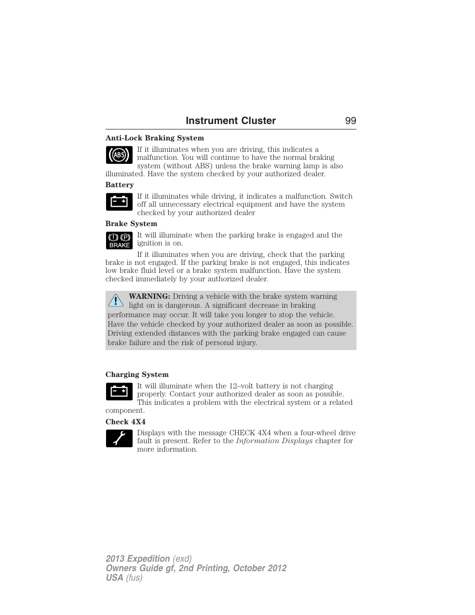 Instrument cluster 99 | FORD 2013 Expedition v.2 User Manual | Page 100 / 508