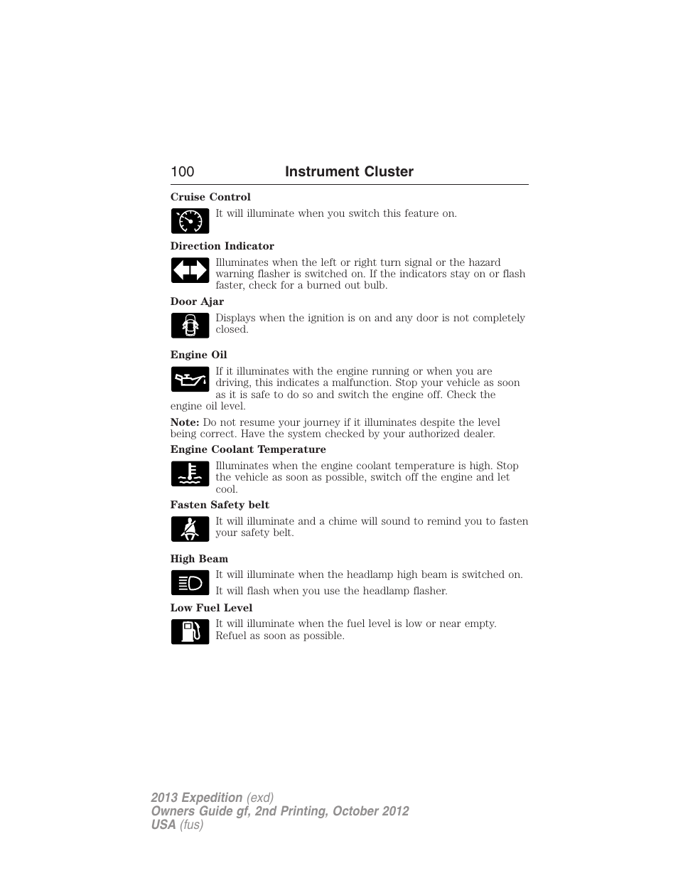 100 instrument cluster | FORD 2013 Expedition v.2 User Manual | Page 101 / 508