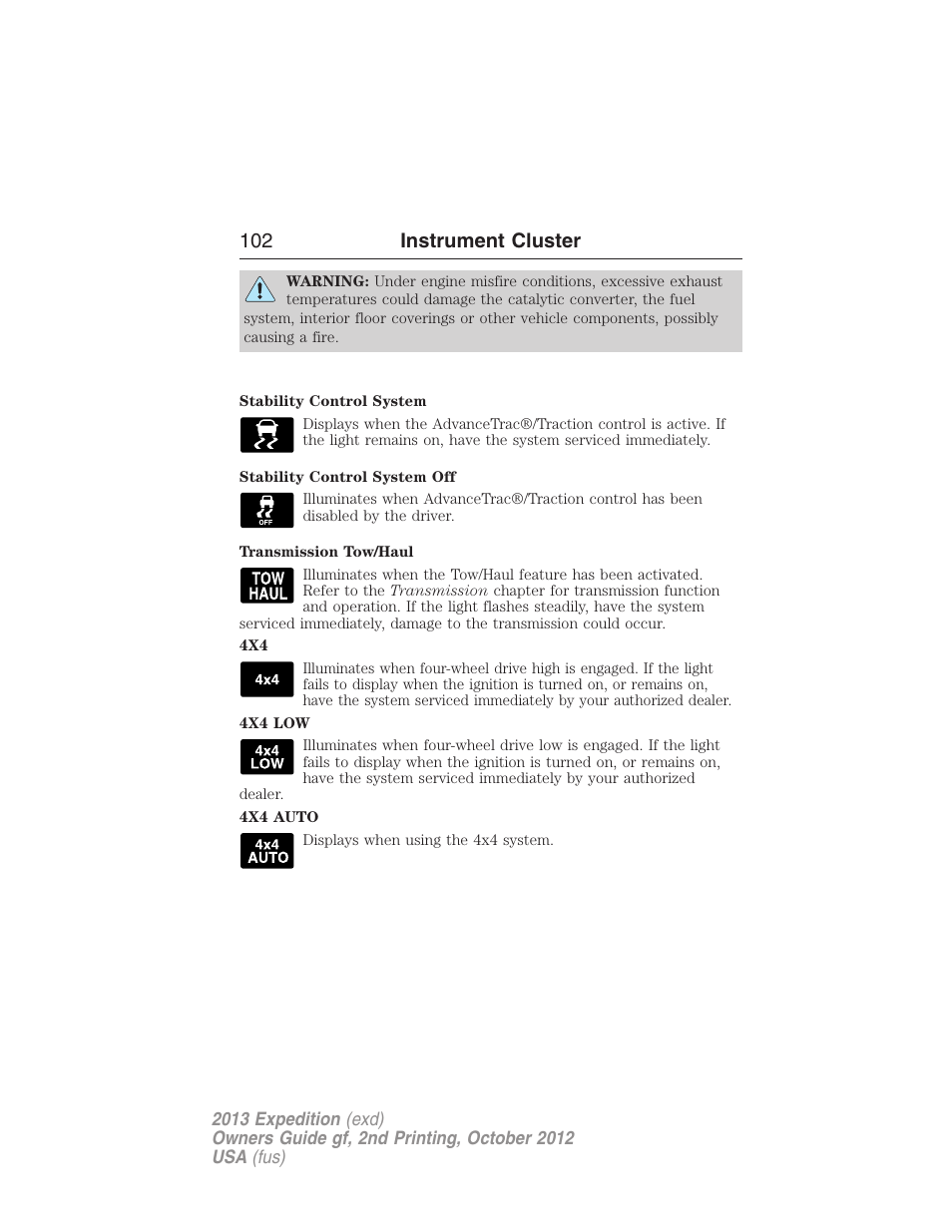 102 instrument cluster | FORD 2013 Expedition v.2 User Manual | Page 103 / 508