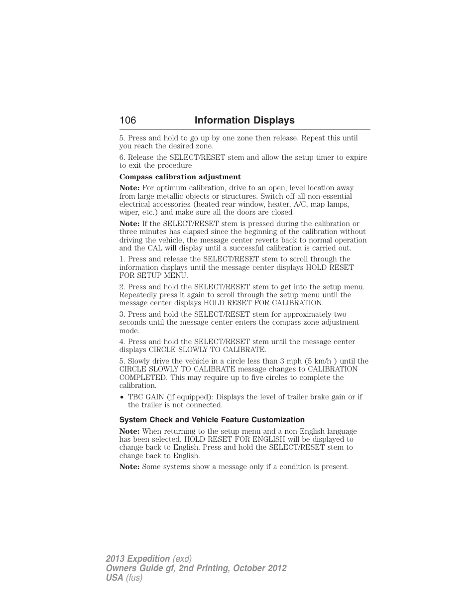 System check and vehicle feature customization, 106 information displays | FORD 2013 Expedition v.2 User Manual | Page 107 / 508