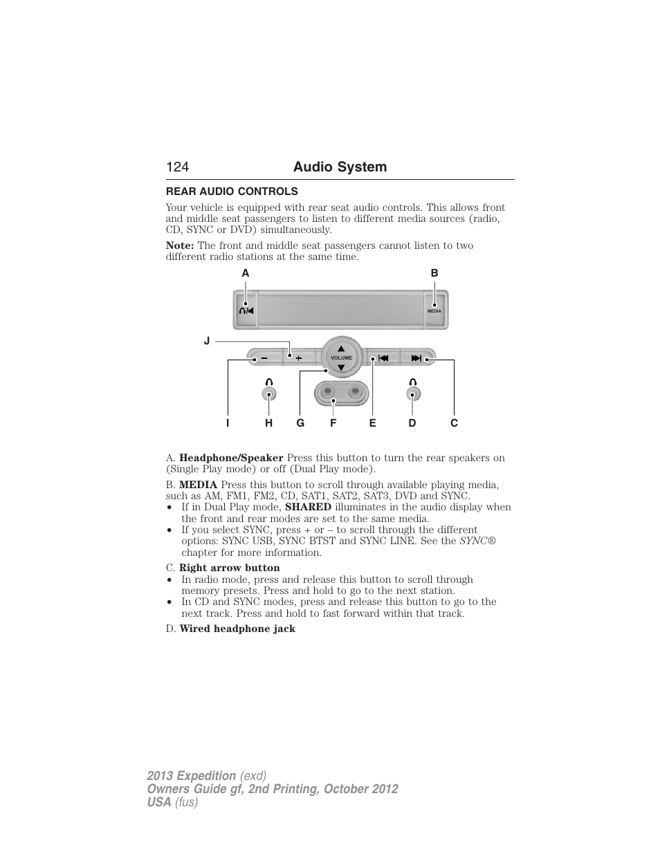 Rear audio controls, Rear seat controls, 124 audio system | FORD 2013 Expedition v.2 User Manual | Page 125 / 508