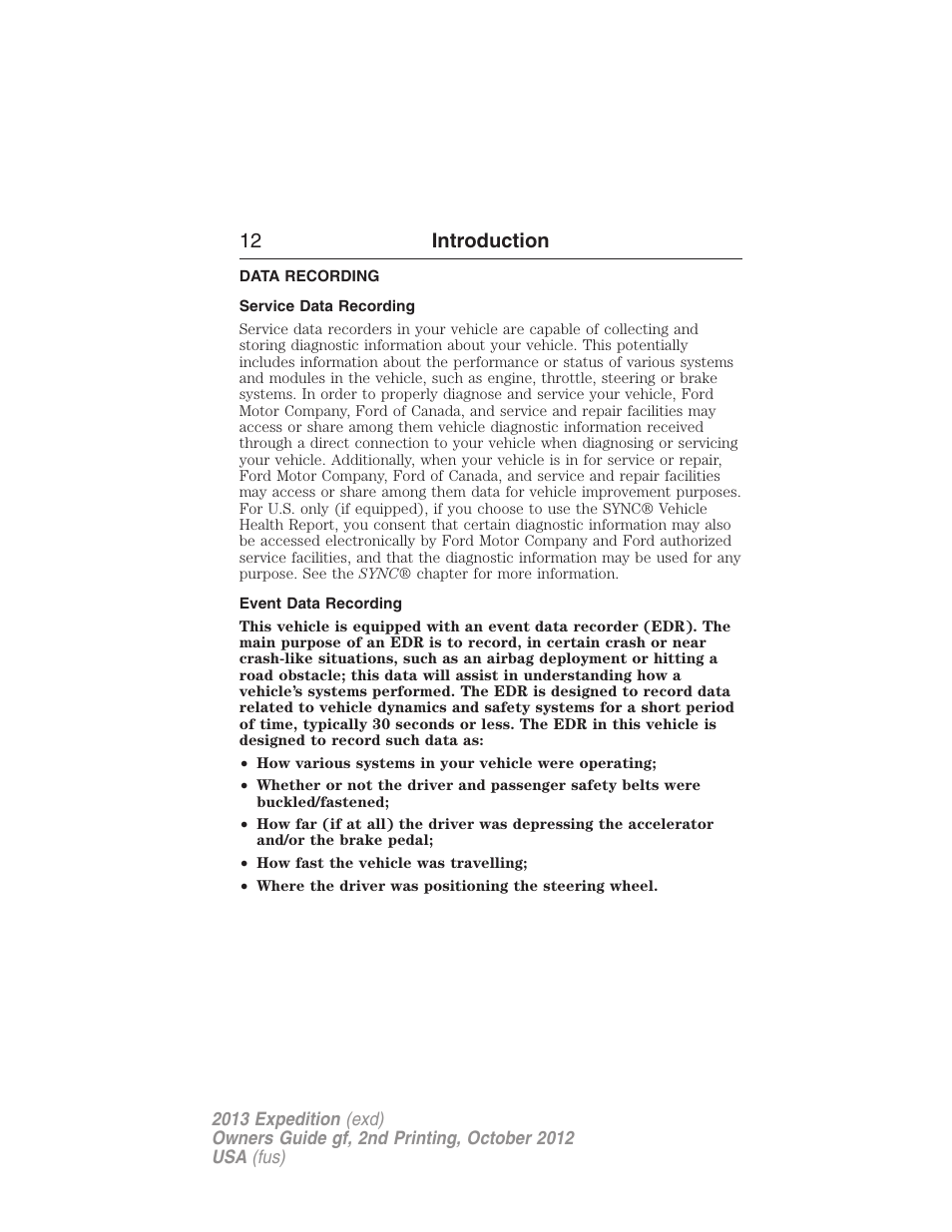 Data recording, Service data recording, Event data recording | 12 introduction | FORD 2013 Expedition v.2 User Manual | Page 13 / 508