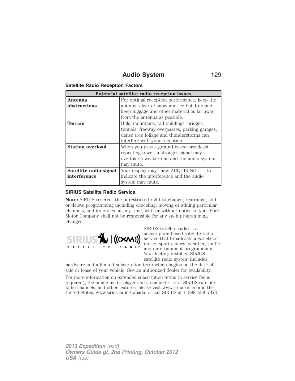 Satellite radio reception factors, Sirius satellite radio service, Audio system 129 | FORD 2013 Expedition v.2 User Manual | Page 130 / 508