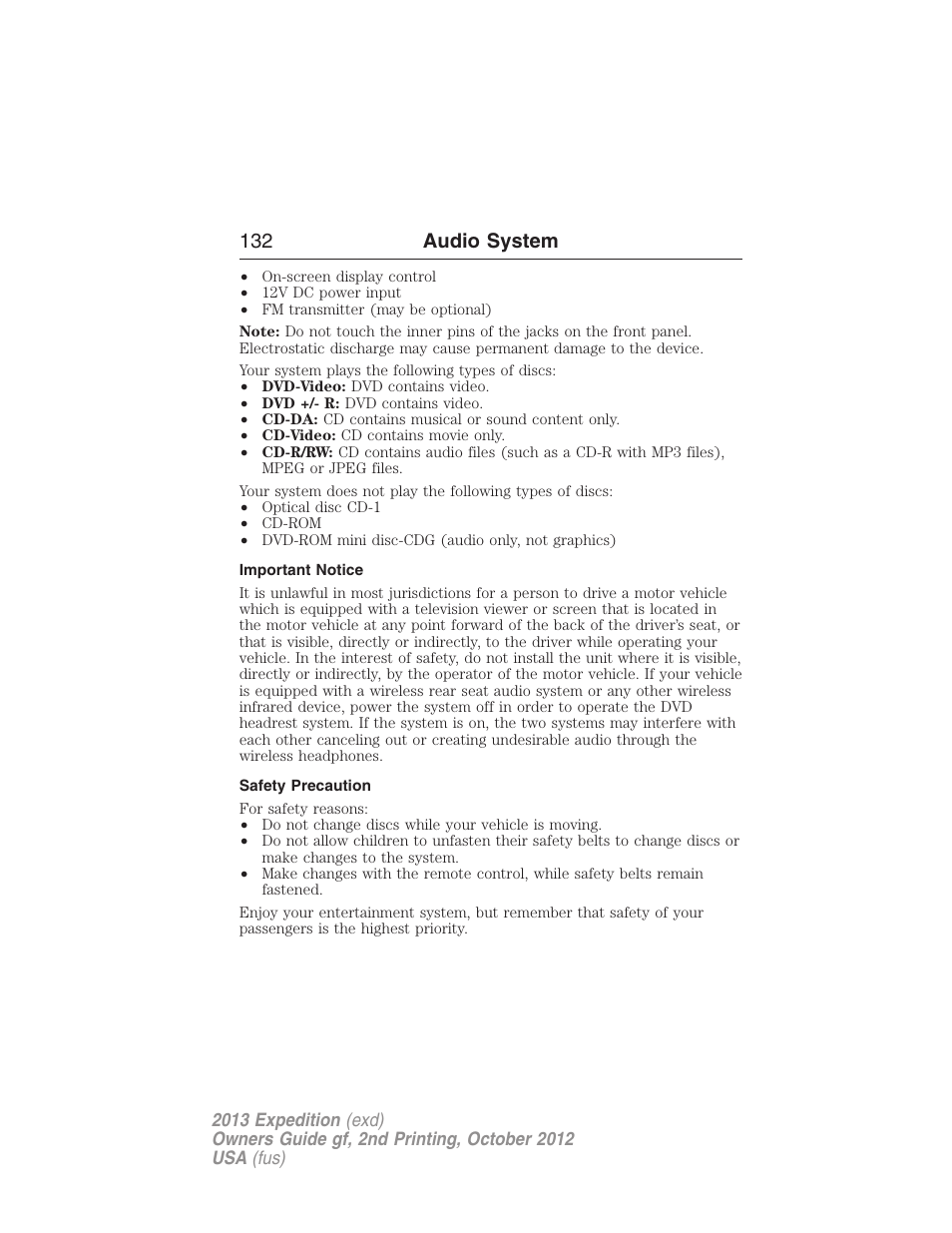 Important notice, Safety precaution, 132 audio system | FORD 2013 Expedition v.2 User Manual | Page 133 / 508