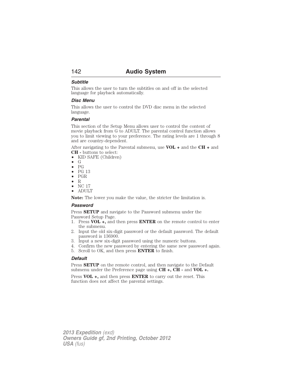 Subtitle, Disc menu, Parental | Password, Default, 142 audio system | FORD 2013 Expedition v.2 User Manual | Page 143 / 508