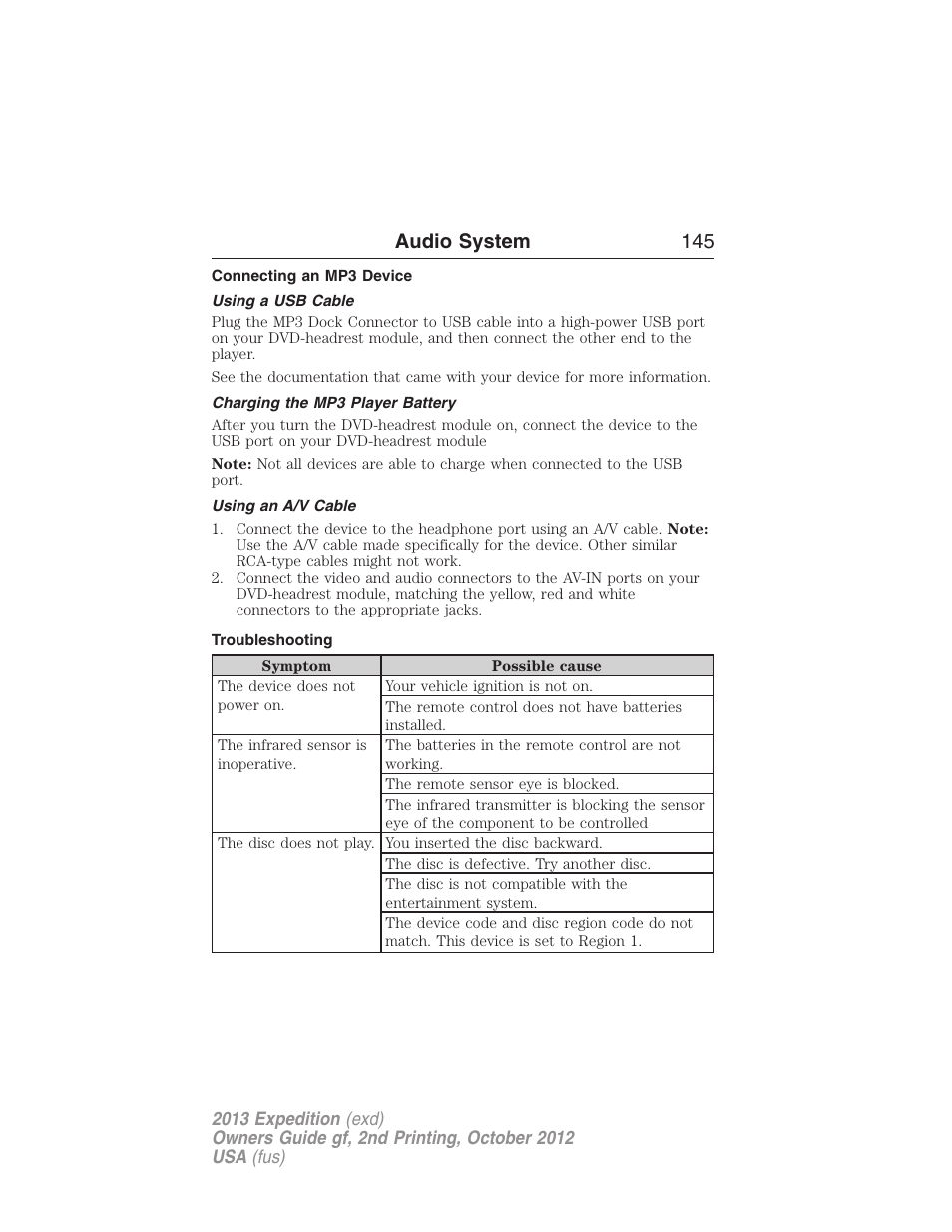 Connecting an mp3 device, Using a usb cable, Charging the mp3 player battery | Using an a/v cable, Troubleshooting, Audio system 145 | FORD 2013 Expedition v.2 User Manual | Page 146 / 508