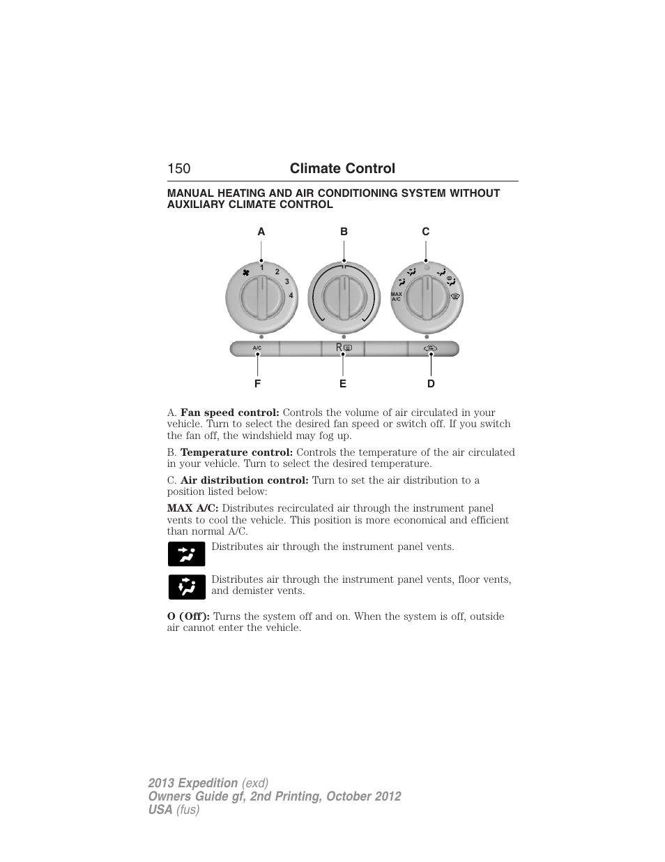 Climate control, Manual heating and air conditioning, 150 climate control | FORD 2013 Expedition v.2 User Manual | Page 151 / 508