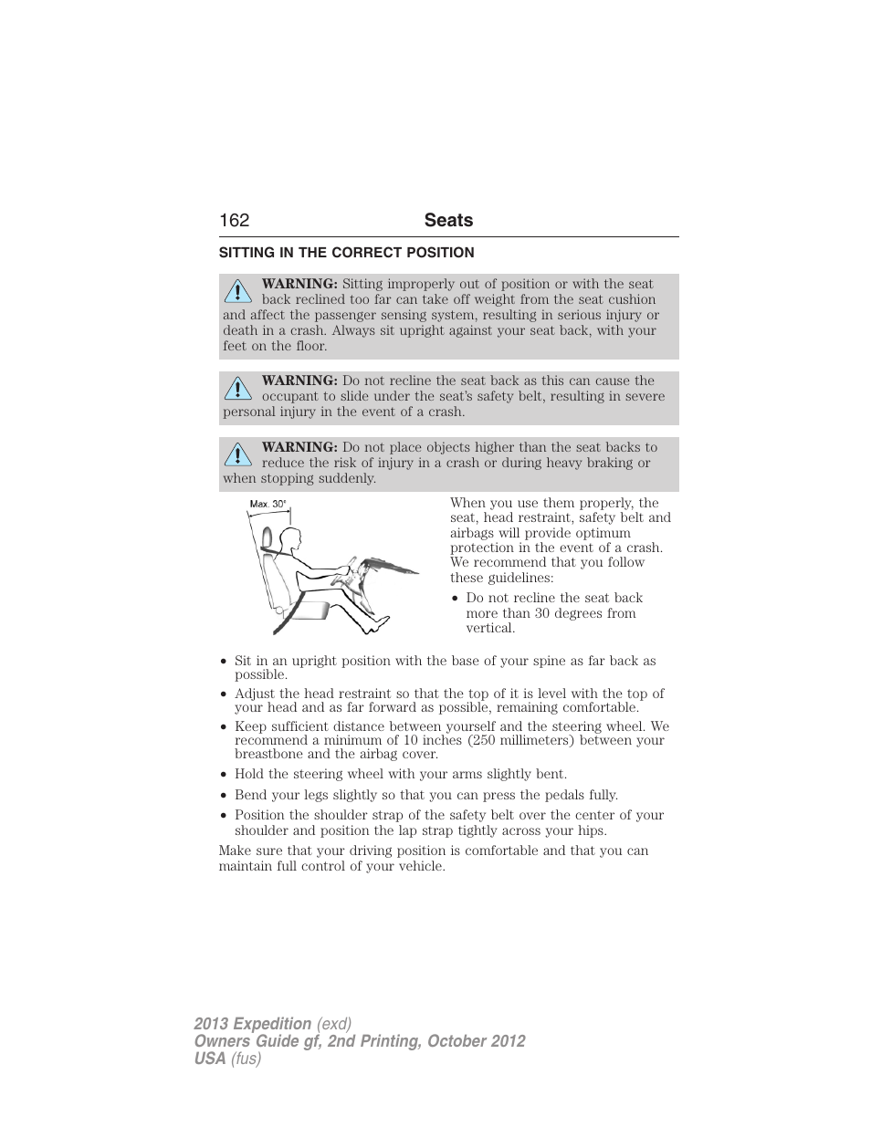 Seats, Sitting in the correct position, 162 seats | FORD 2013 Expedition v.2 User Manual | Page 163 / 508