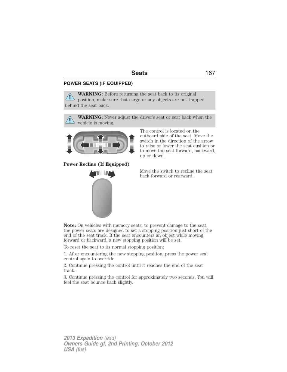 Power seats (if equipped), Power seats, Seats 167 | FORD 2013 Expedition v.2 User Manual | Page 168 / 508