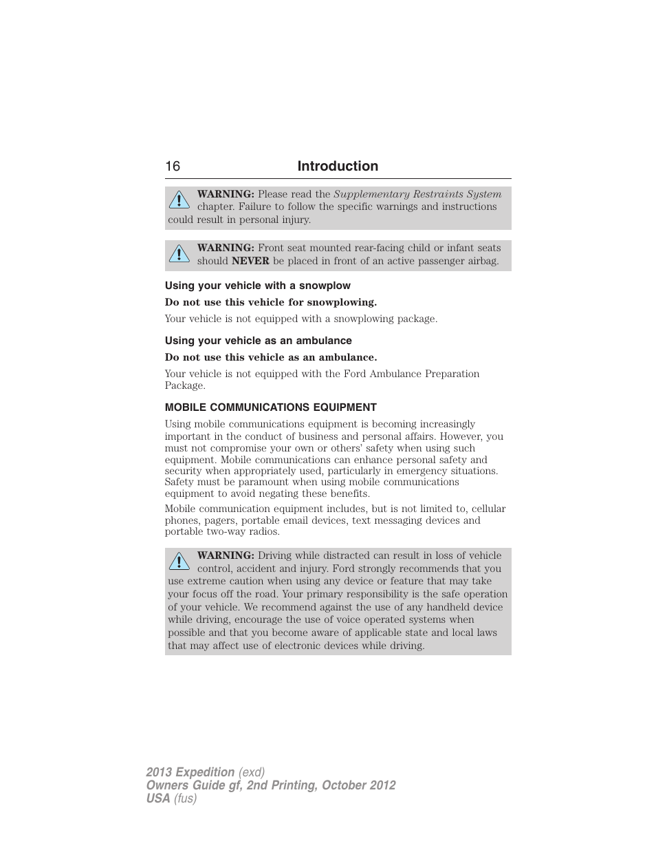 Using your vehicle with a snowplow, Using your vehicle as an ambulance, Mobile communications equipment | 16 introduction | FORD 2013 Expedition v.2 User Manual | Page 17 / 508