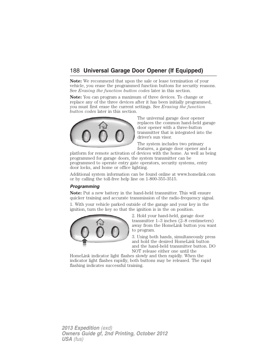 Programming, 188 universal garage door opener (if equipped) | FORD 2013 Expedition v.2 User Manual | Page 189 / 508