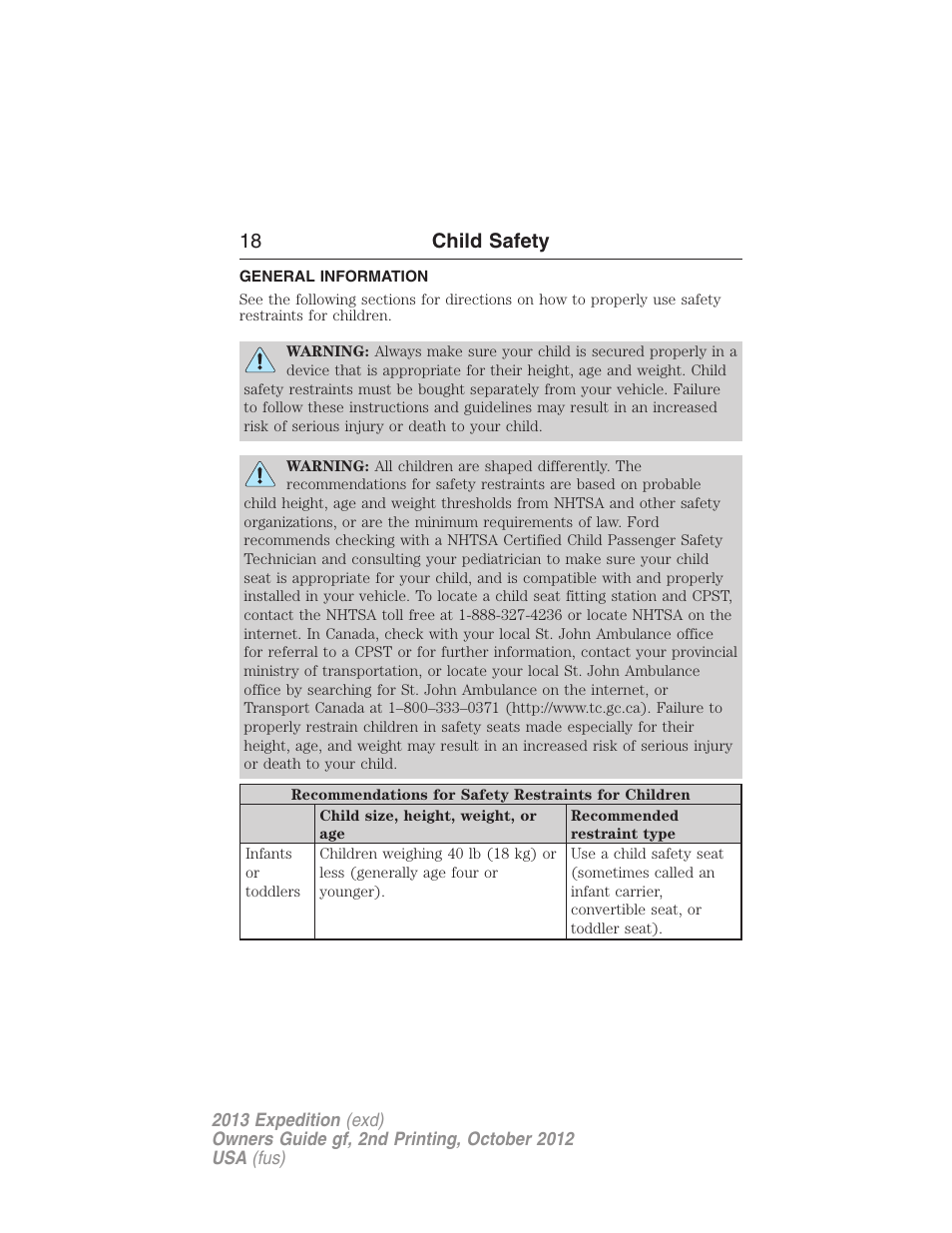 Child safety, General information, 18 child safety | FORD 2013 Expedition v.2 User Manual | Page 19 / 508