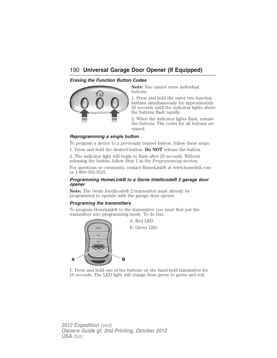 Erasing the function button codes, Reprogramming a single button, Programing the transmitters | 190 universal garage door opener (if equipped) | FORD 2013 Expedition v.2 User Manual | Page 191 / 508