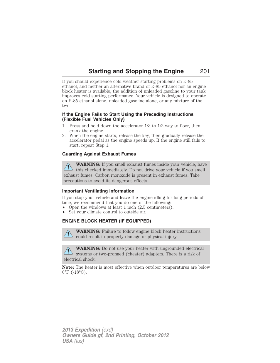 Guarding against exhaust fumes, Important ventilating information, Engine block heater (if equipped) | Engine block heater, Starting and stopping the engine 201 | FORD 2013 Expedition v.2 User Manual | Page 202 / 508