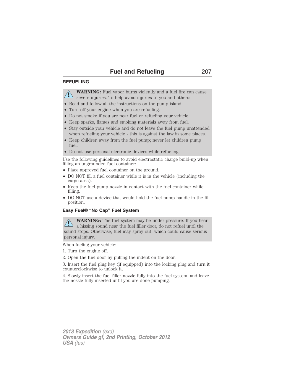 Refueling, Easy fuel® “no cap” fuel system, Fuel and refueling 207 | FORD 2013 Expedition v.2 User Manual | Page 208 / 508