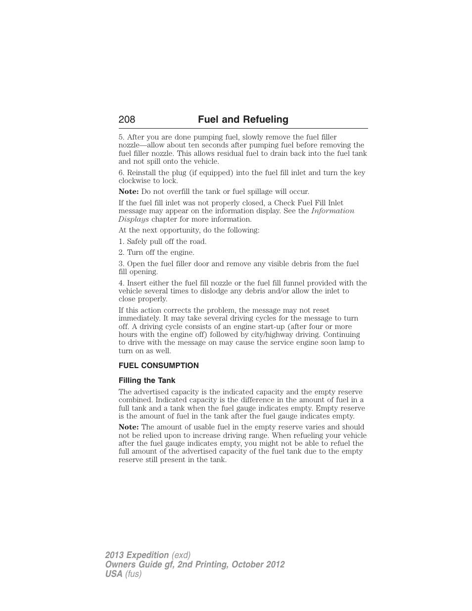 Fuel consumption, Filling the tank, 208 fuel and refueling | FORD 2013 Expedition v.2 User Manual | Page 209 / 508