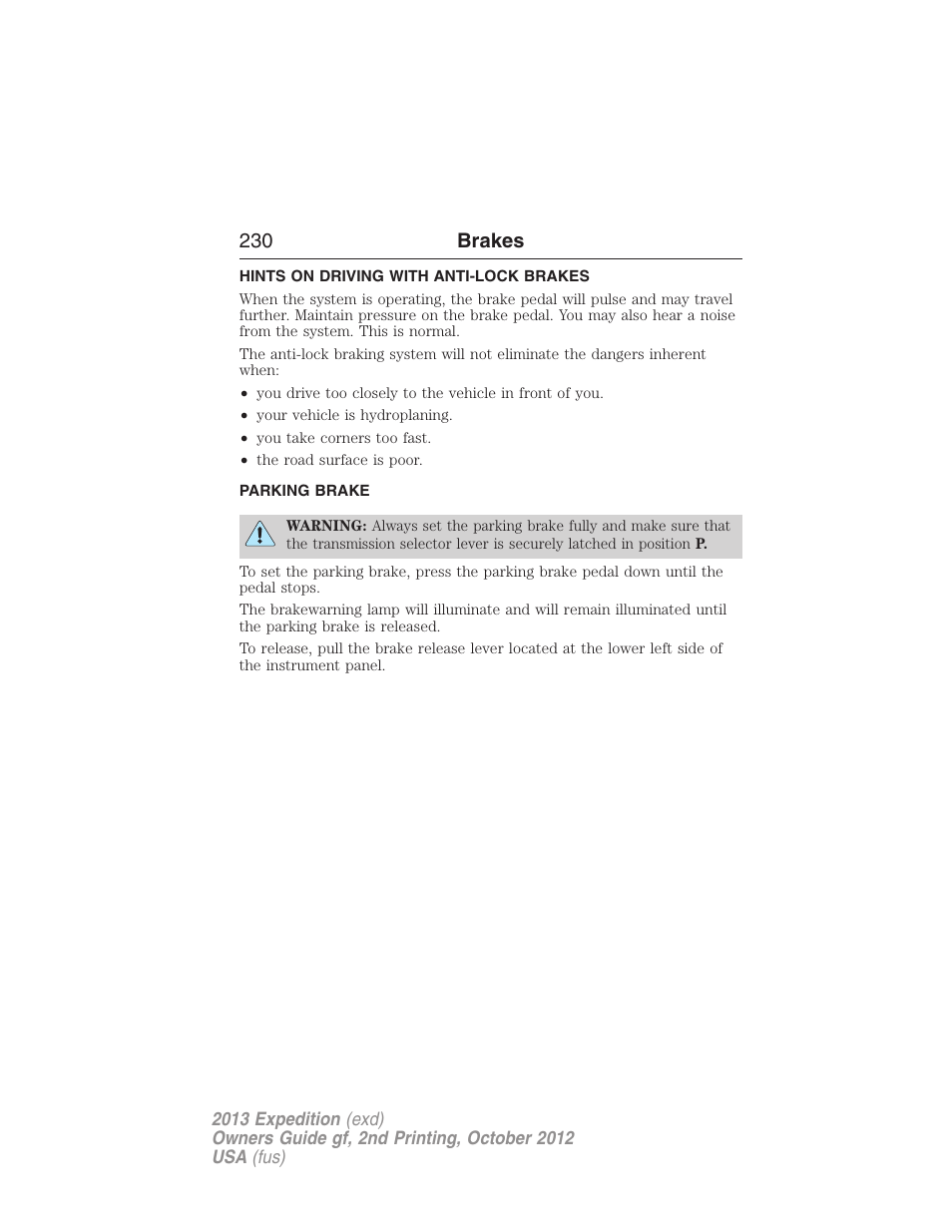 Hints on driving with anti-lock brakes, Parking brake, 230 brakes | FORD 2013 Expedition v.2 User Manual | Page 231 / 508