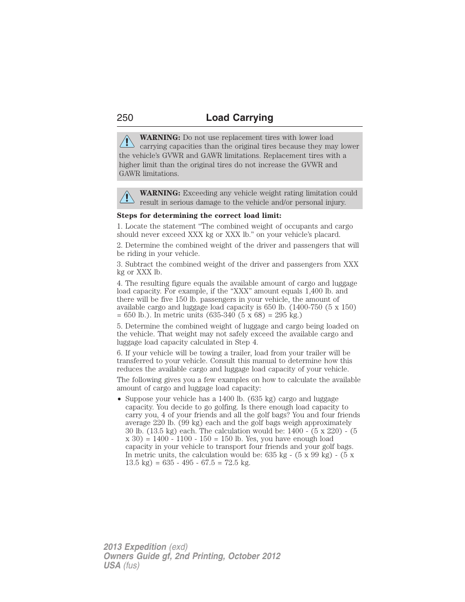 250 load carrying | FORD 2013 Expedition v.2 User Manual | Page 251 / 508