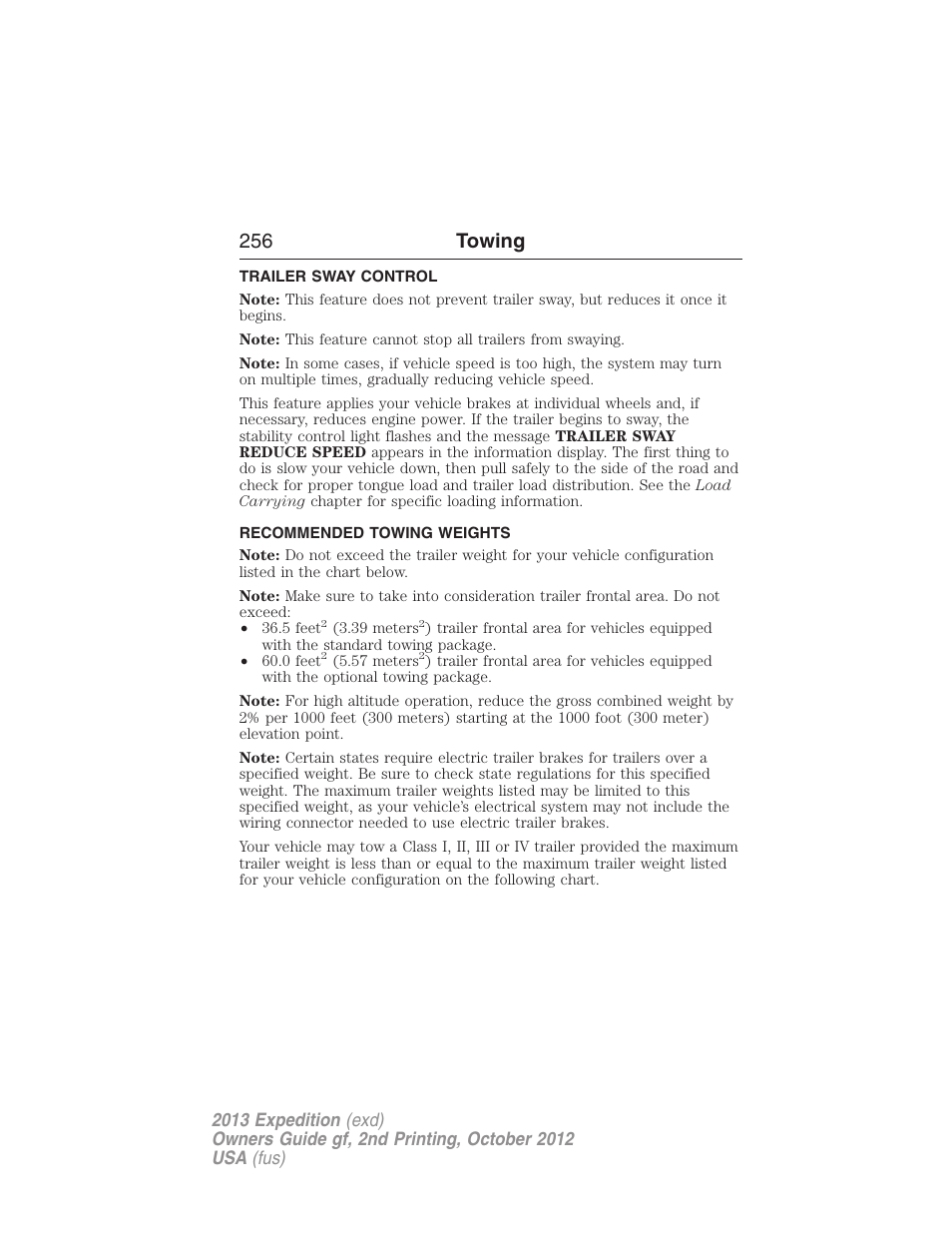 Trailer sway control, Recommended towing weights, 256 towing | FORD 2013 Expedition v.2 User Manual | Page 257 / 508