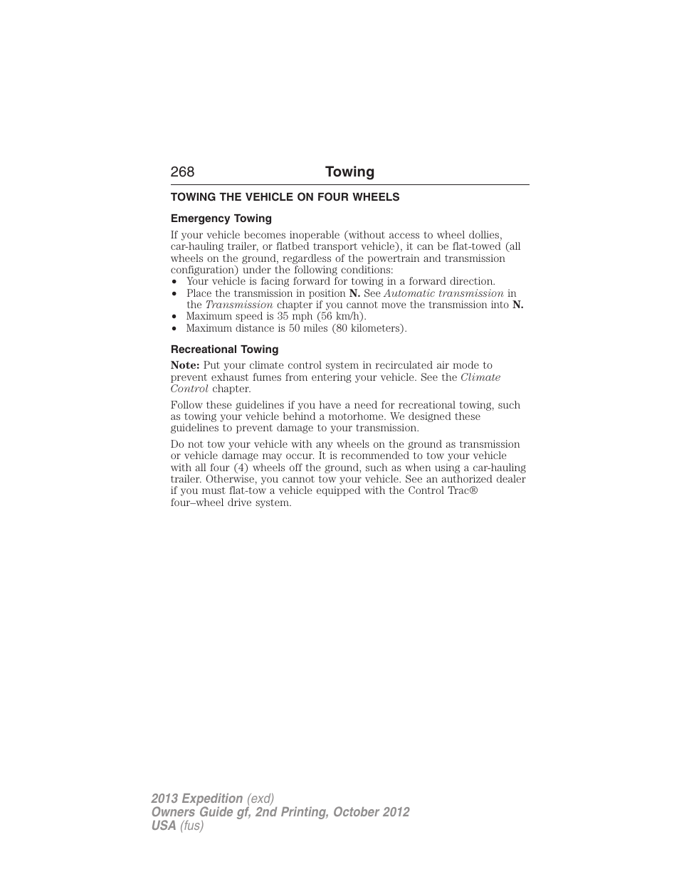 Towing the vehicle on four wheels, Emergency towing, Recreational towing | 268 towing | FORD 2013 Expedition v.2 User Manual | Page 269 / 508