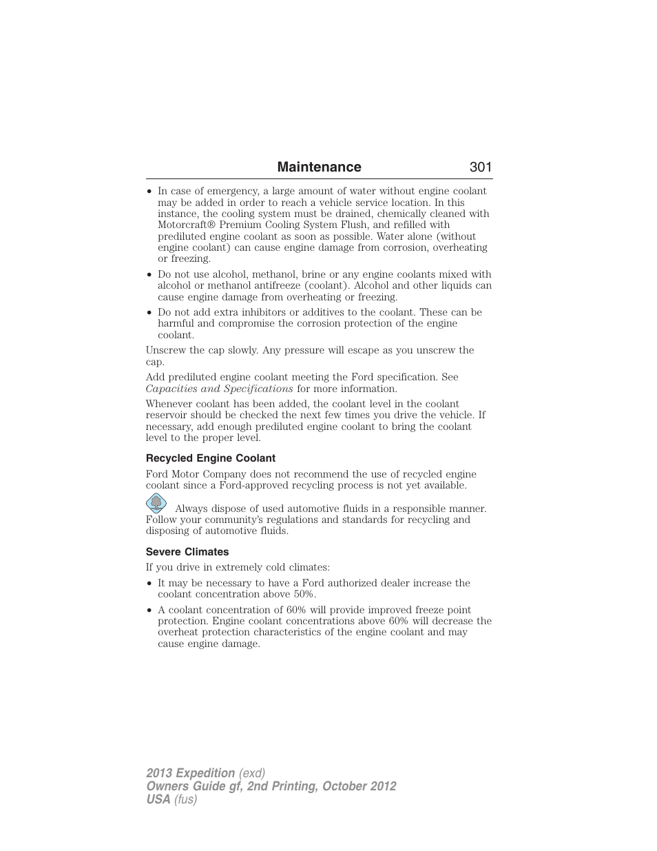 Recycled engine coolant, Severe climates, Maintenance 301 | FORD 2013 Expedition v.2 User Manual | Page 302 / 508
