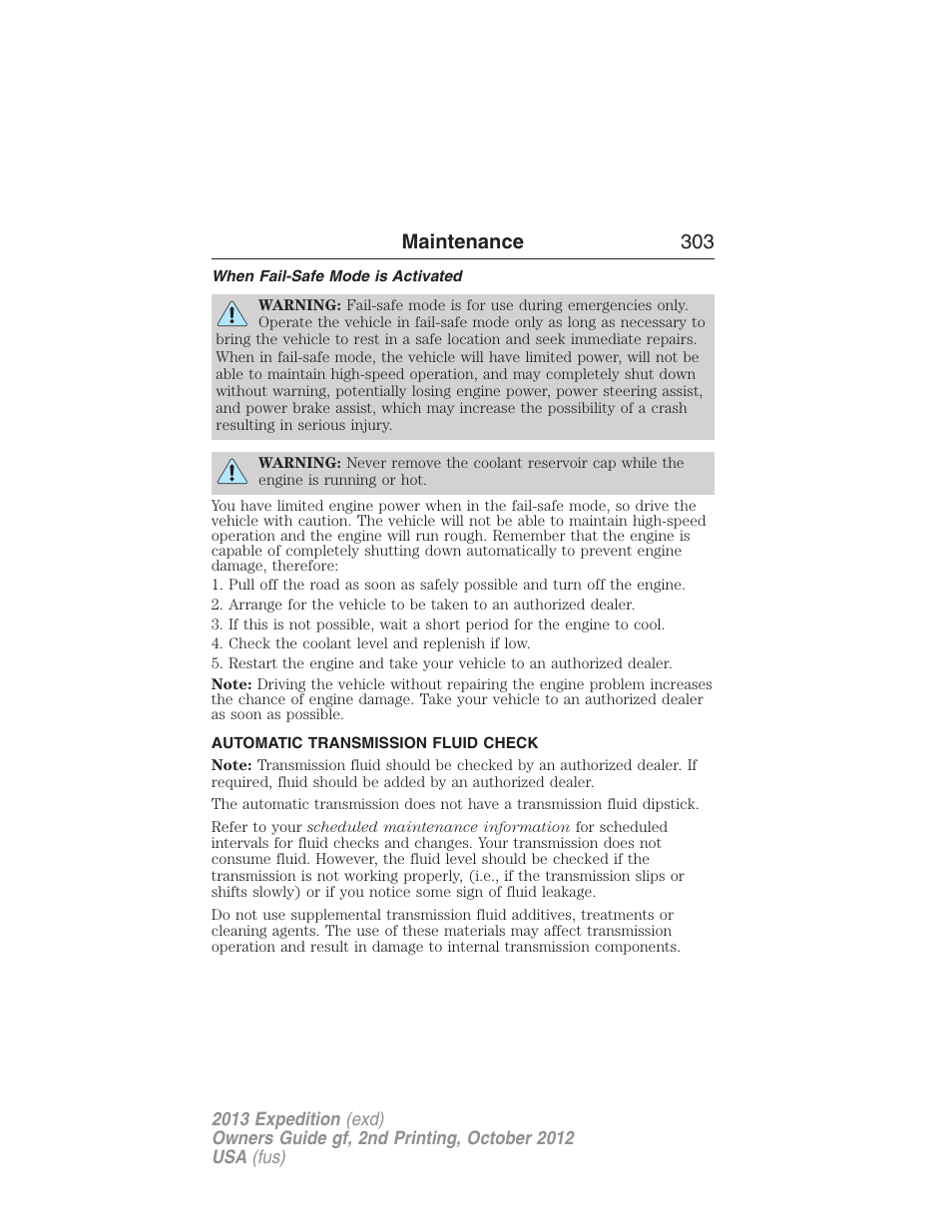 When fail-safe mode is activated, Automatic transmission fluid check, Maintenance 303 | FORD 2013 Expedition v.2 User Manual | Page 304 / 508