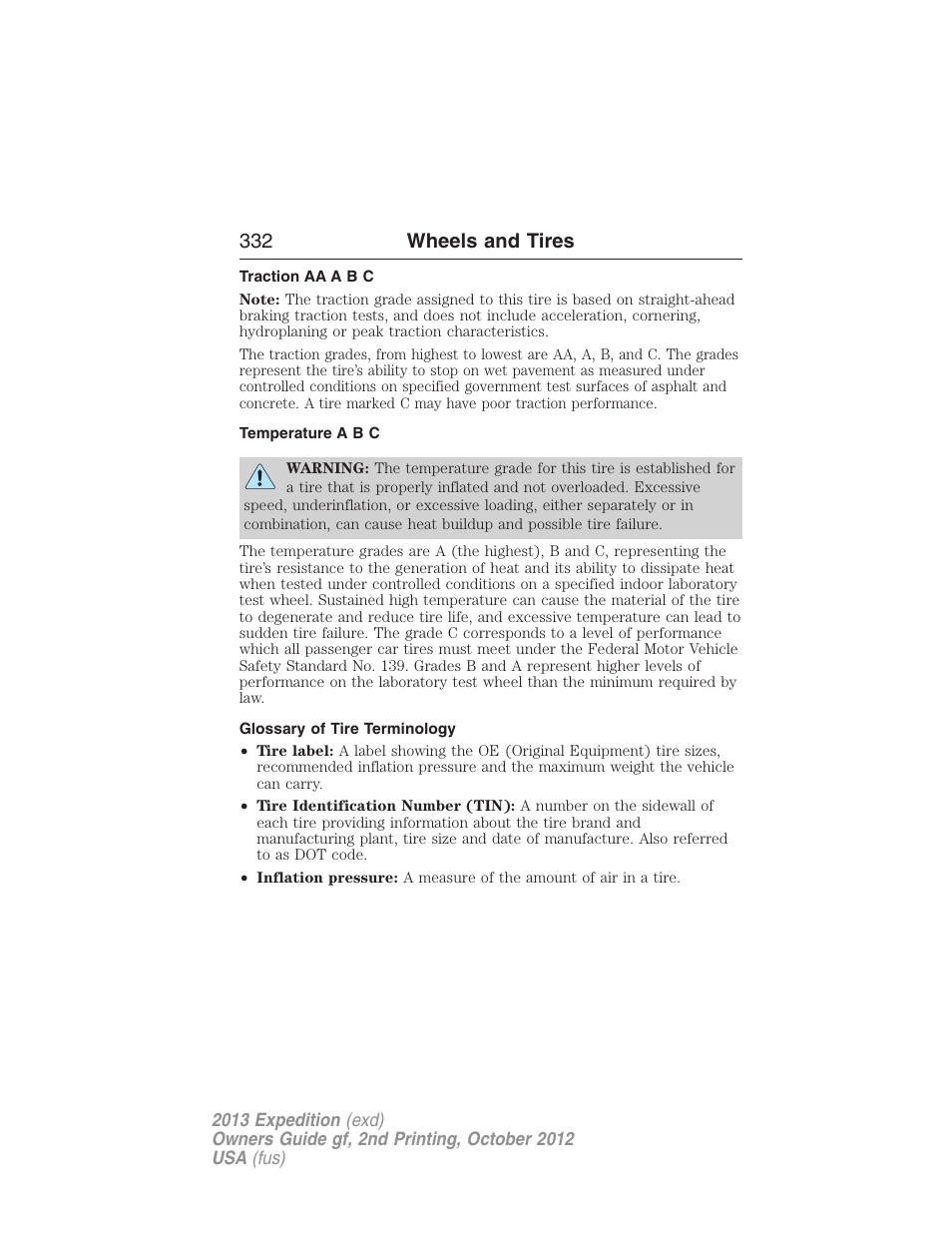 Traction aa a b c, Temperature a b c, Glossary of tire terminology | 332 wheels and tires | FORD 2013 Expedition v.2 User Manual | Page 333 / 508