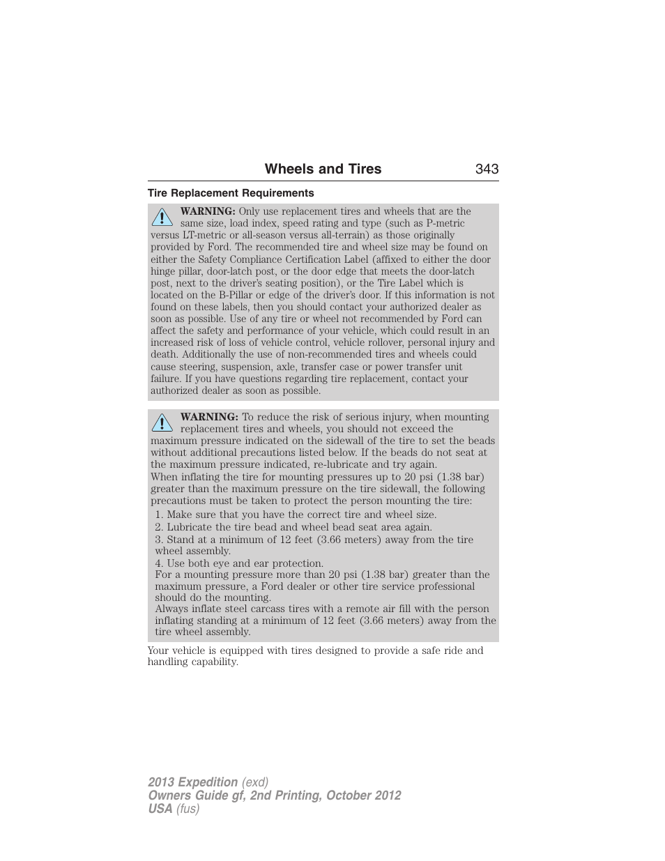 Tire replacement requirements, Wheels and tires 343 | FORD 2013 Expedition v.2 User Manual | Page 344 / 508