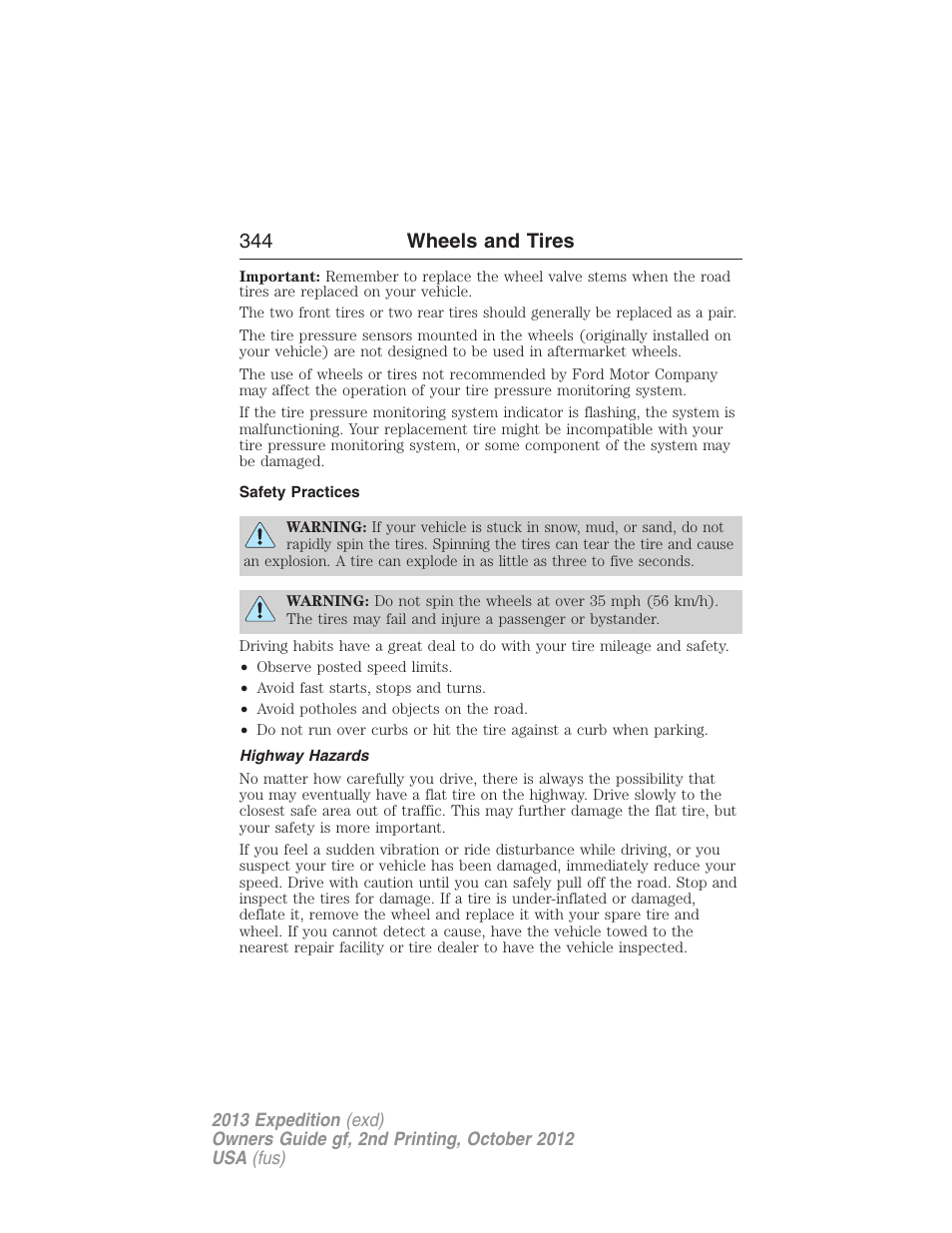 Safety practices, Highway hazards, 344 wheels and tires | FORD 2013 Expedition v.2 User Manual | Page 345 / 508