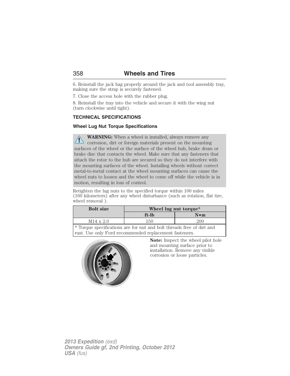 Technical specifications, Wheel lug nut torque specifications, Wheel lug nut torque | 358 wheels and tires | FORD 2013 Expedition v.2 User Manual | Page 359 / 508