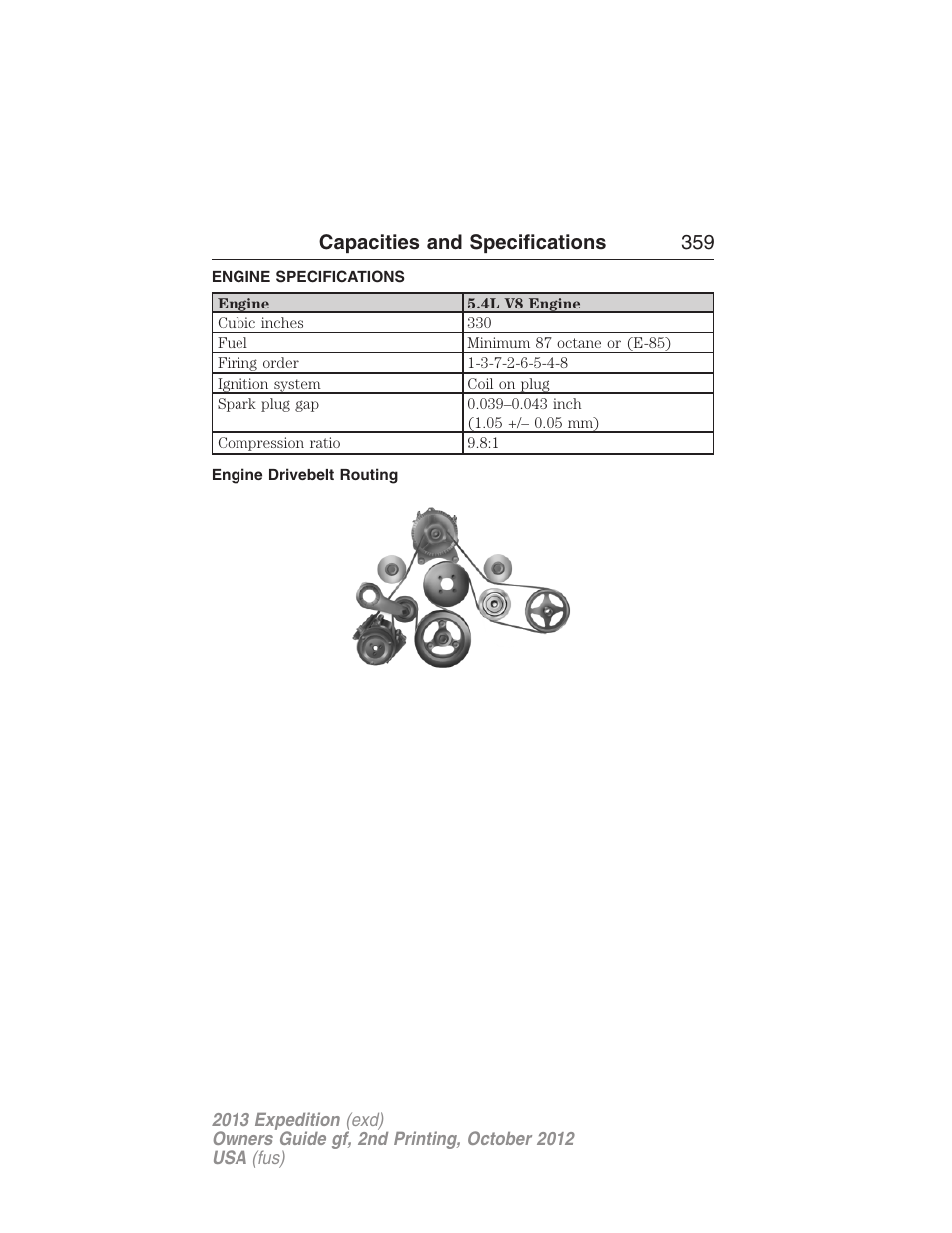 Capacities and specifications, Engine specifications, Engine drivebelt routing | Capacities and specifications 359 | FORD 2013 Expedition v.2 User Manual | Page 360 / 508