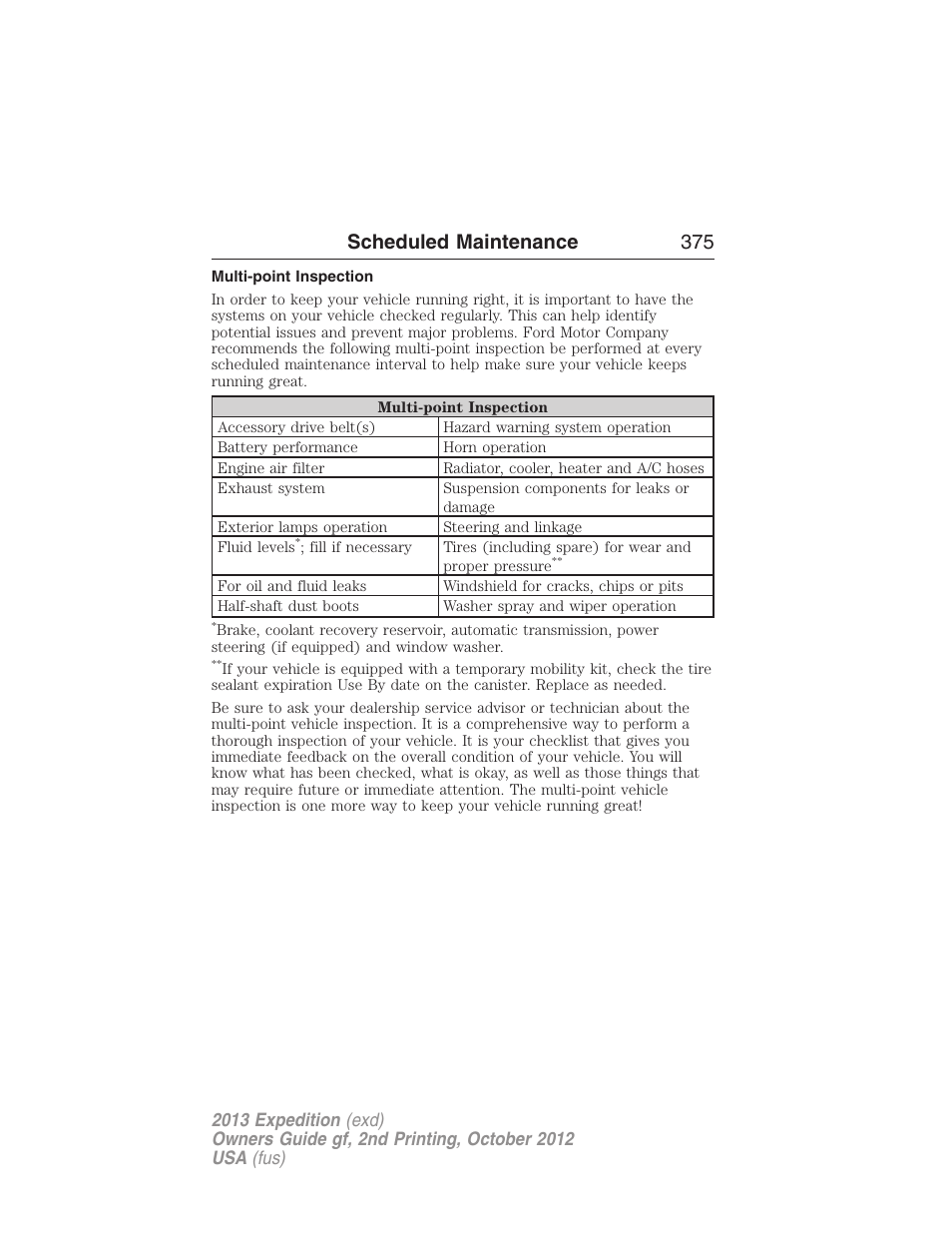 Multi-point inspection, Scheduled maintenance 375 | FORD 2013 Expedition v.2 User Manual | Page 376 / 508