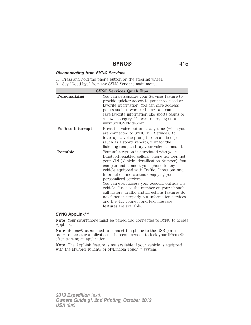 Disconnecting from sync services, Sync applink, Sync® 415 | FORD 2013 Expedition v.2 User Manual | Page 416 / 508