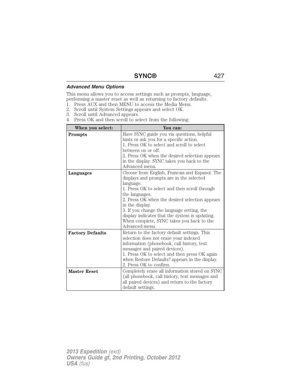 Advanced menu options, Sync® 427 | FORD 2013 Expedition v.2 User Manual | Page 428 / 508