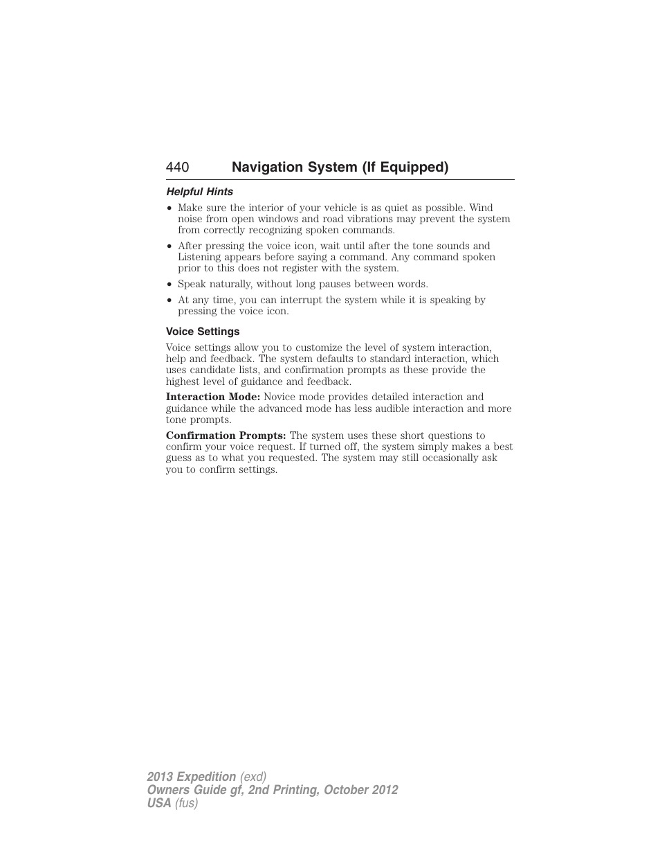 Helpful hints, Voice settings, 440 navigation system (if equipped) | FORD 2013 Expedition v.2 User Manual | Page 441 / 508